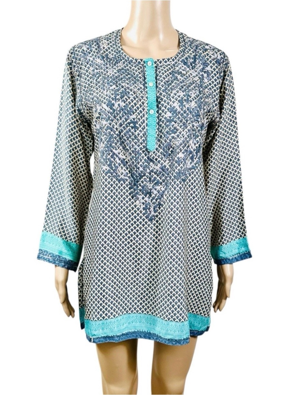 Secrets of IndiaTunic top blouse Embroidered Boho Kurta Teal & Navy Geometric S
